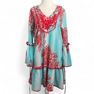 Moda Posa Red and Blue Tiedye Embroiderd Boho Women's Dress